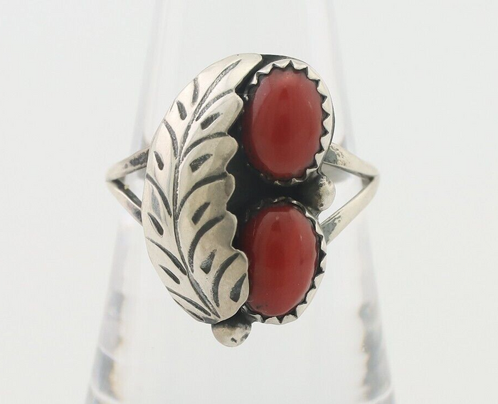 Navajo Handmade Ring 925 Silver Natural Mediterranean Coral Signed 88 C.80's