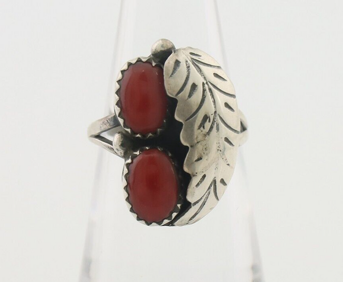 Navajo Handmade Ring 925 Silver Natural Mediterranean Coral Signed 88 C.80's