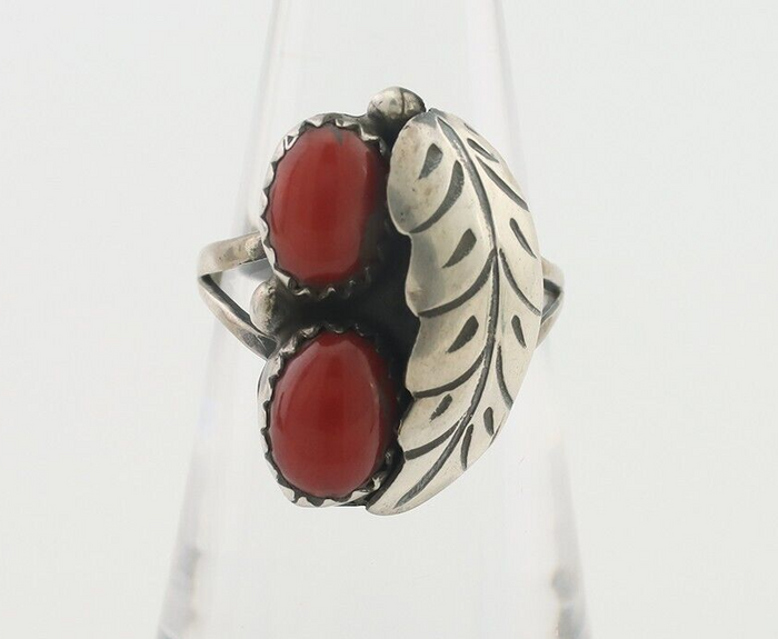 Navajo Handmade Ring 925 Silver Natural Mediterranean Coral Signed 88 C.80's