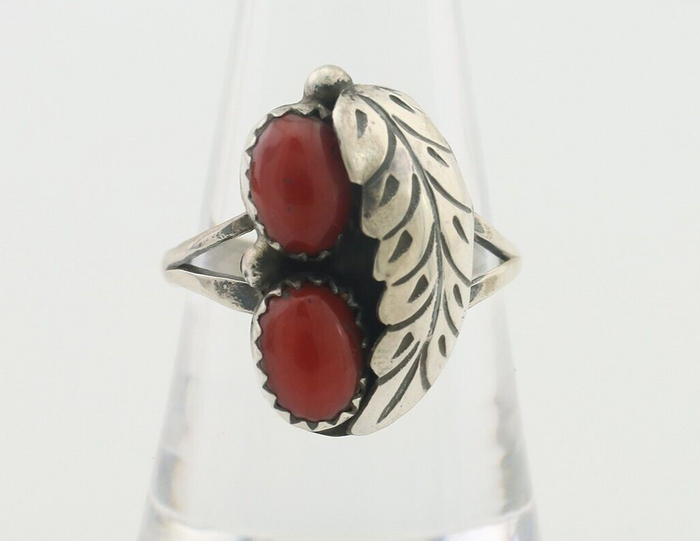 Navajo Handmade Ring 925 Silver Natural Mediterranean Coral Signed 88 C.80's