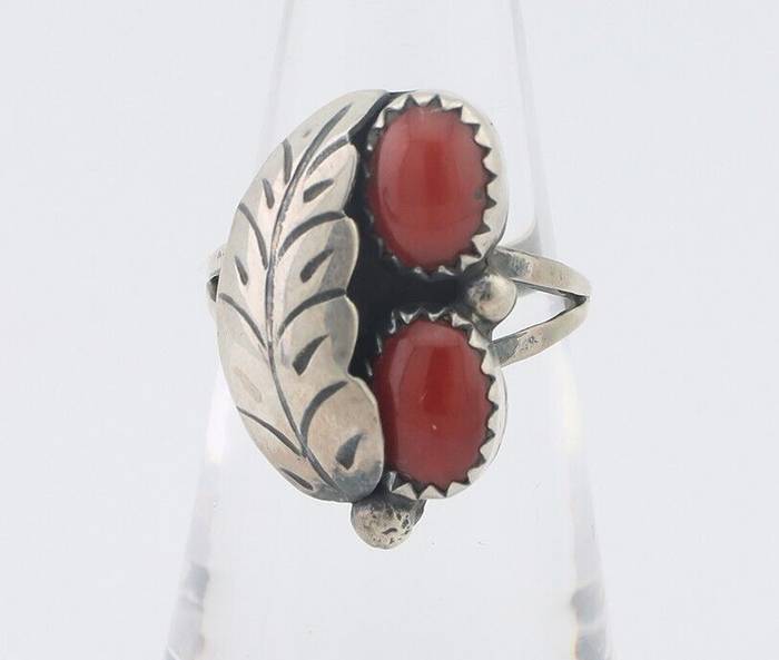 Navajo Handmade Ring 925 Silver Natural Mediterranean Coral Signed 88 C.80's