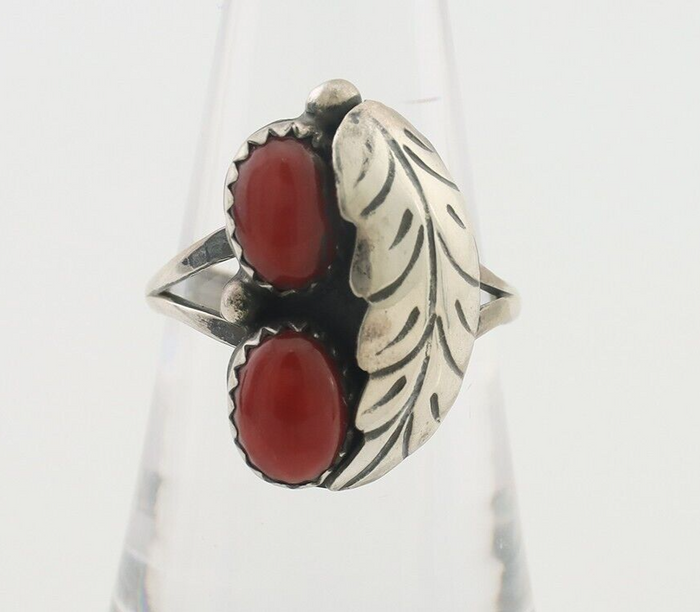 Navajo Handmade Ring 925 Silver Natural Mediterranean Coral Signed 88 C.80's