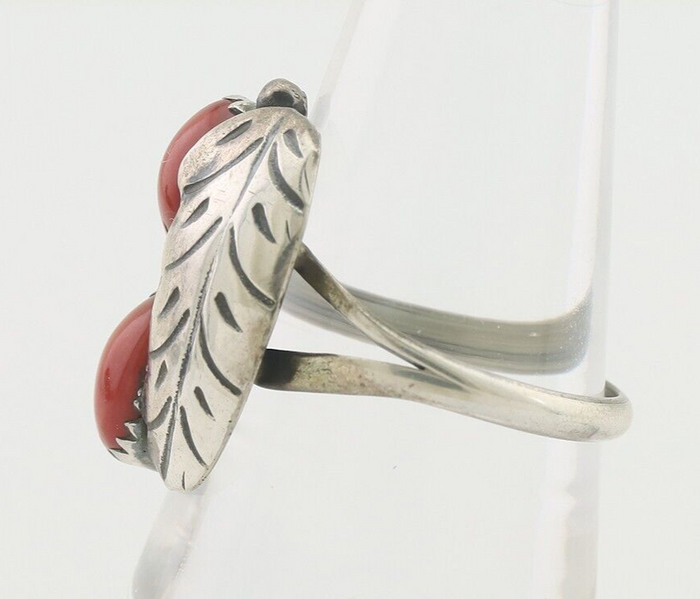Navajo Handmade Ring 925 Silver Natural Mediterranean Coral Signed 88 C.80's
