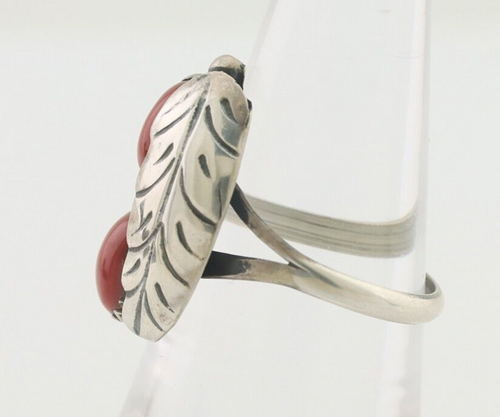 Navajo Handmade Ring 925 Silver Natural Mediterranean Coral Signed 88 C.80's