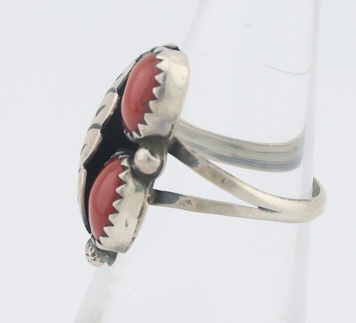 Navajo Handmade Ring 925 Silver Natural Mediterranean Coral Signed 88 C.80's