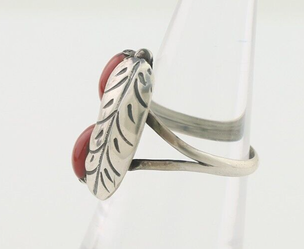 Navajo Handmade Ring 925 Silver Natural Mediterranean Coral Signed 88 C.80's