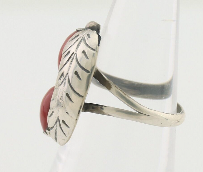Navajo Handmade Ring 925 Silver Natural Mediterranean Coral Signed 88 C.80's