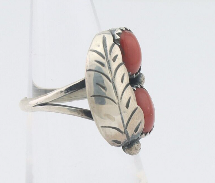Navajo Handmade Ring 925 Silver Natural Mediterranean Coral Signed 88 C.80's