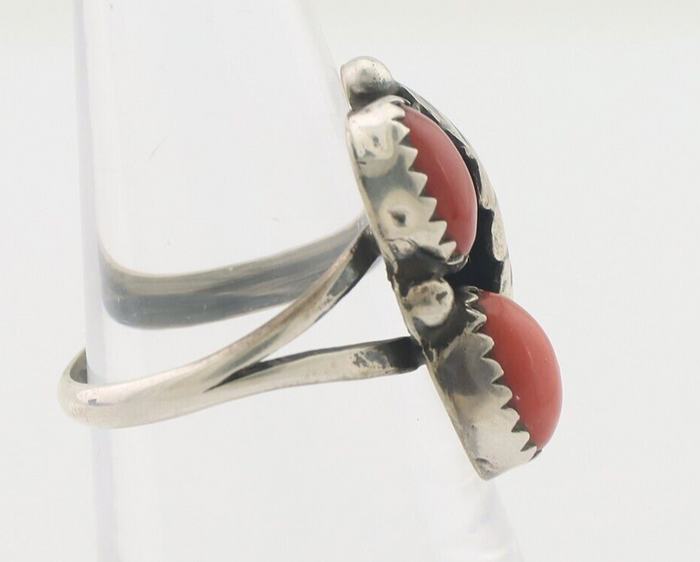 Navajo Handmade Ring 925 Silver Natural Mediterranean Coral Signed 88 C.80's
