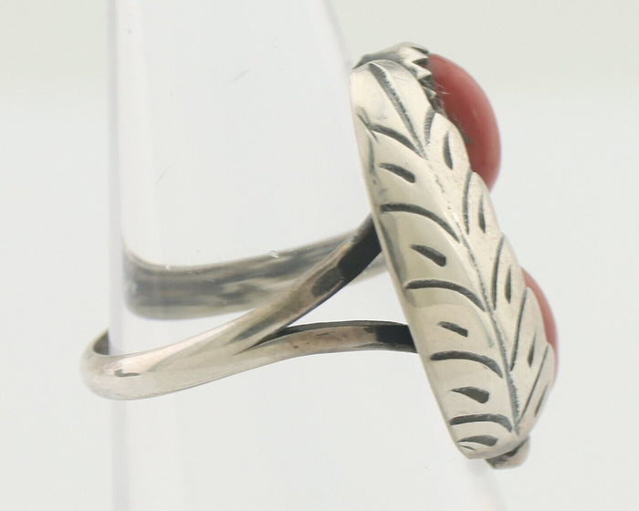 Navajo Handmade Ring 925 Silver Natural Mediterranean Coral Signed 88 C.80's
