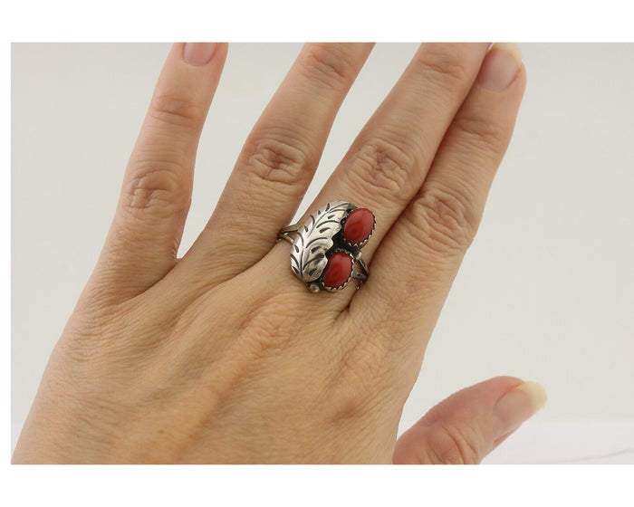 Navajo Handmade Ring 925 Silver Natural Mediterranean Coral Signed 88 C.80's
