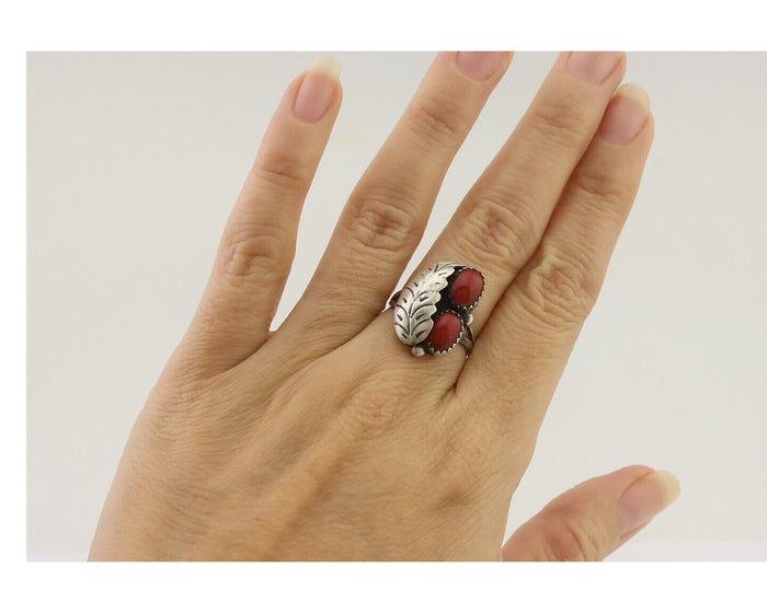Navajo Handmade Ring 925 Silver Natural Mediterranean Coral Signed 88 C.80's