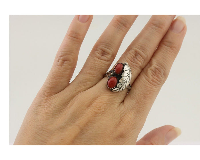 Navajo Handmade Ring 925 Silver Natural Mediterranean Coral Signed 88 C.80's