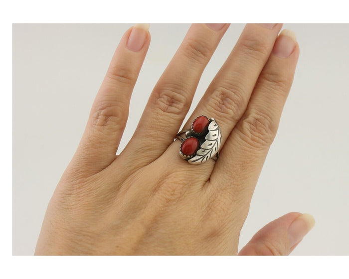 Navajo Handmade Ring 925 Silver Natural Mediterranean Coral Signed 88 C.80's