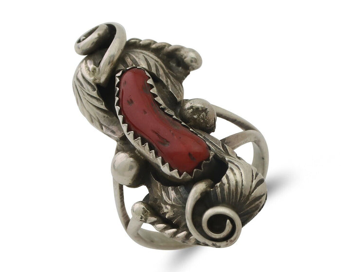 Navajo Handmade Ring 925 Silver Natural Mediterranean Coral Signed Duffy C.80's
