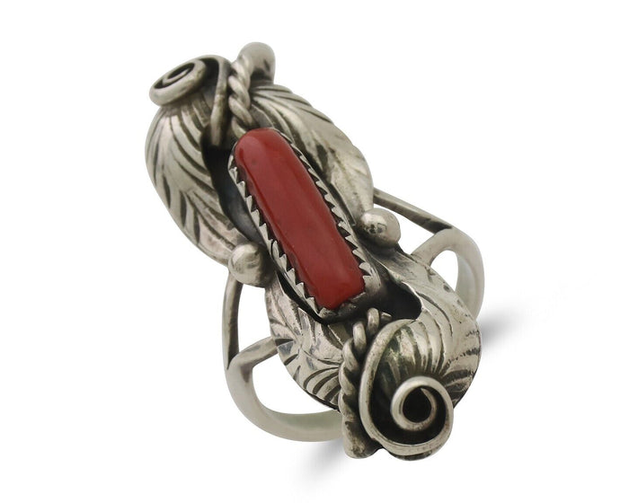 Navajo Handmade Ring 925 Silver Natural Mediterranean Coral Signed Duffy C.80's