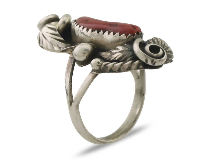 Navajo Handmade Ring 925 Silver Natural Mediterranean Coral Signed Duffy C.80's