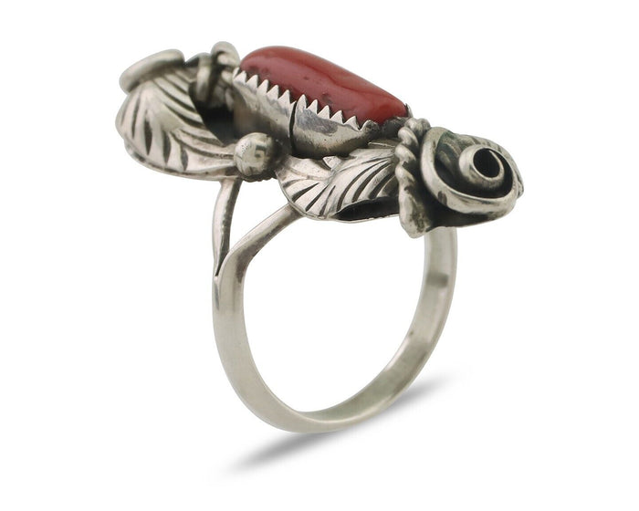 Navajo Handmade Ring 925 Silver Natural Mediterranean Coral Signed Duffy C.80's