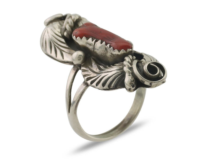 Navajo Handmade Ring 925 Silver Natural Mediterranean Coral Signed Duffy C.80's