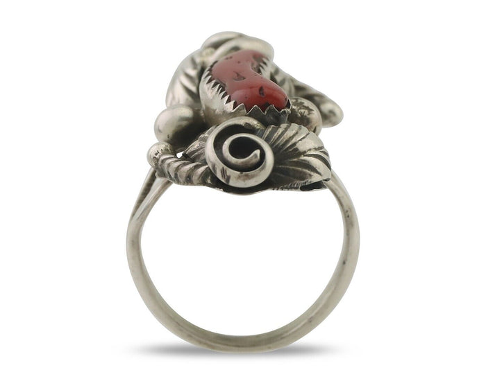 Navajo Handmade Ring 925 Silver Natural Mediterranean Coral Signed Duffy C.80's