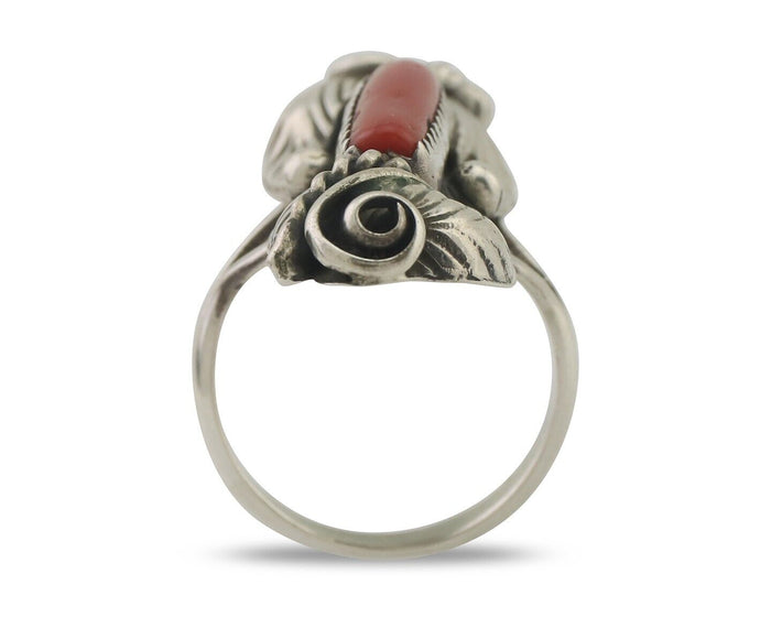 Navajo Handmade Ring 925 Silver Natural Mediterranean Coral Signed Duffy C.80's