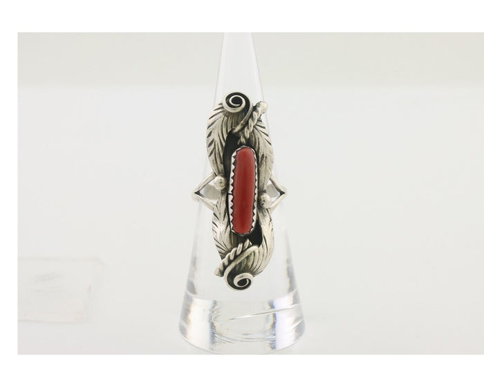 Navajo Handmade Ring 925 Silver Natural Mediterranean Coral Signed Duffy C.80's