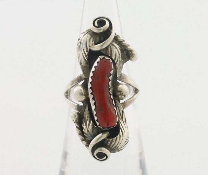 Navajo Handmade Ring 925 Silver Natural Mediterranean Coral Signed Duffy C.80's