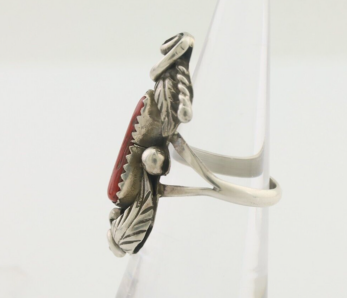 Navajo Handmade Ring 925 Silver Natural Mediterranean Coral Signed Duffy C.80's