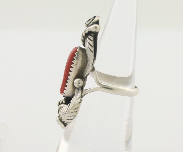 Navajo Handmade Ring 925 Silver Natural Mediterranean Coral Signed Duffy C.80's