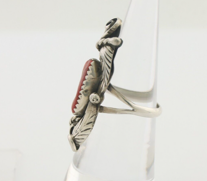Navajo Handmade Ring 925 Silver Natural Mediterranean Coral Signed Duffy C.80's