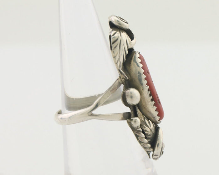 Navajo Handmade Ring 925 Silver Natural Mediterranean Coral Signed Duffy C.80's