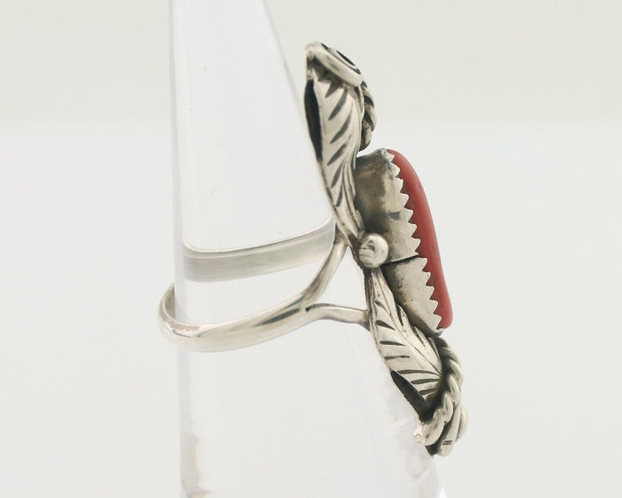 Navajo Handmade Ring 925 Silver Natural Mediterranean Coral Signed Duffy C.80's