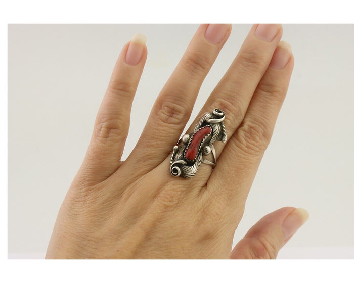 Navajo Handmade Ring 925 Silver Natural Mediterranean Coral Signed Duffy C.80's