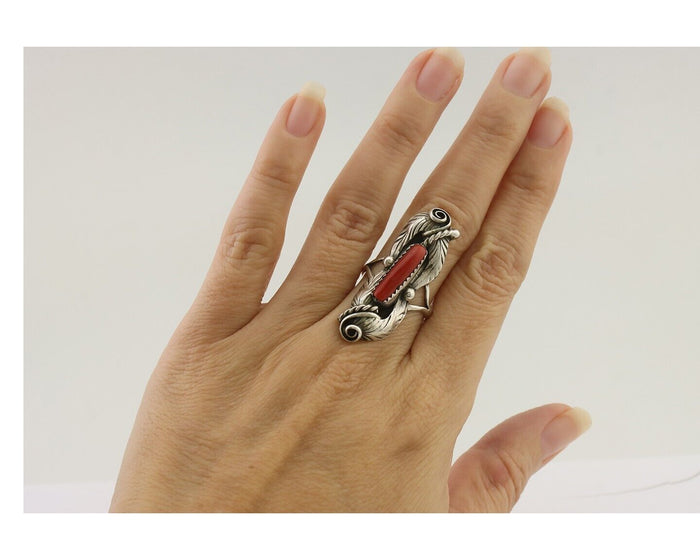 Navajo Handmade Ring 925 Silver Natural Mediterranean Coral Signed Duffy C.80's