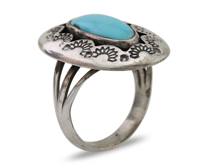 Navajo Handmade Ring 925 Silver Natural Turquoise Signed M Horse C.80's