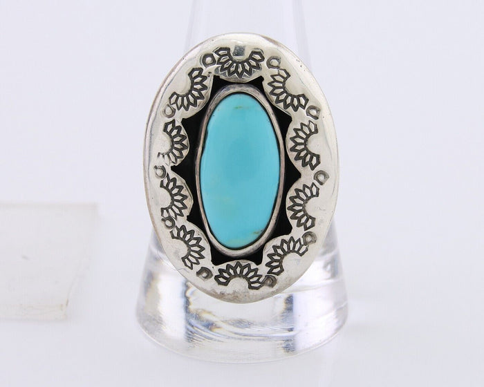 Navajo Handmade Ring 925 Silver Natural Turquoise Signed M Horse C.80's