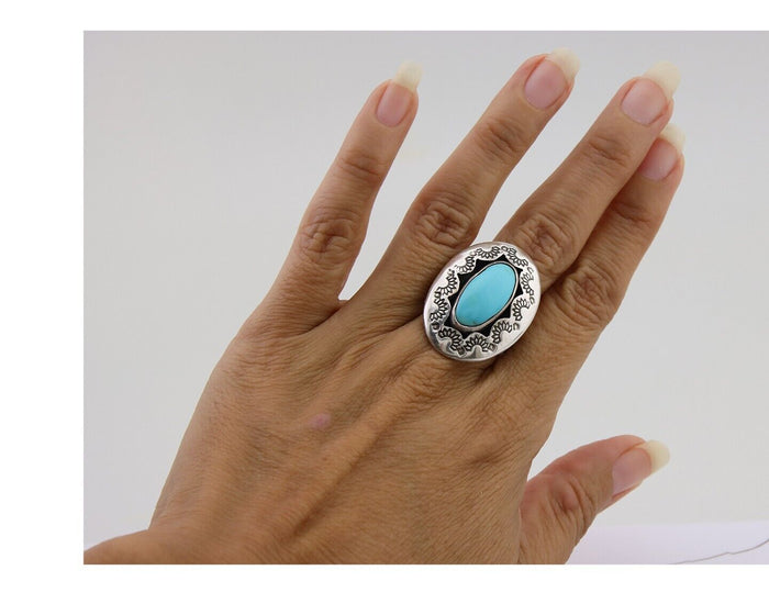 Navajo Handmade Ring 925 Silver Natural Turquoise Signed M Horse C.80's