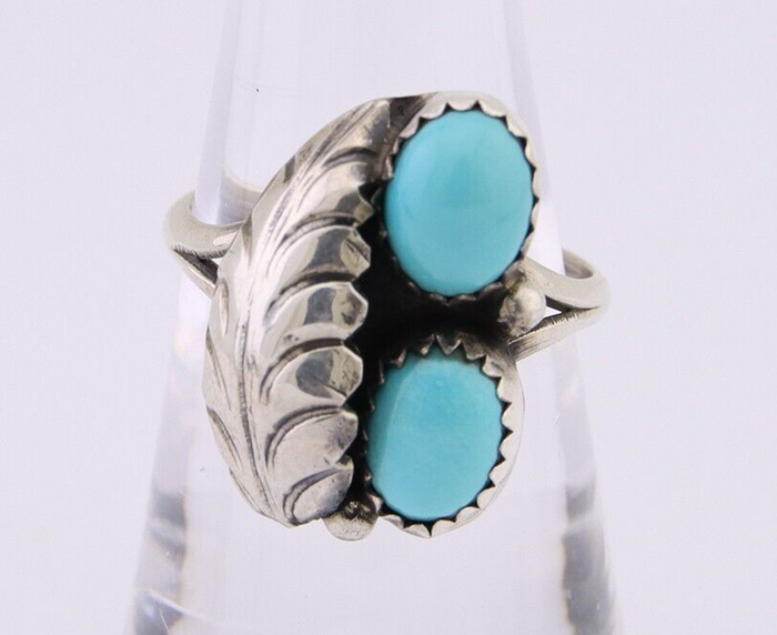 Navajo Handmade Ring 925 Silver Natural Turquoise Signed SS C.80's