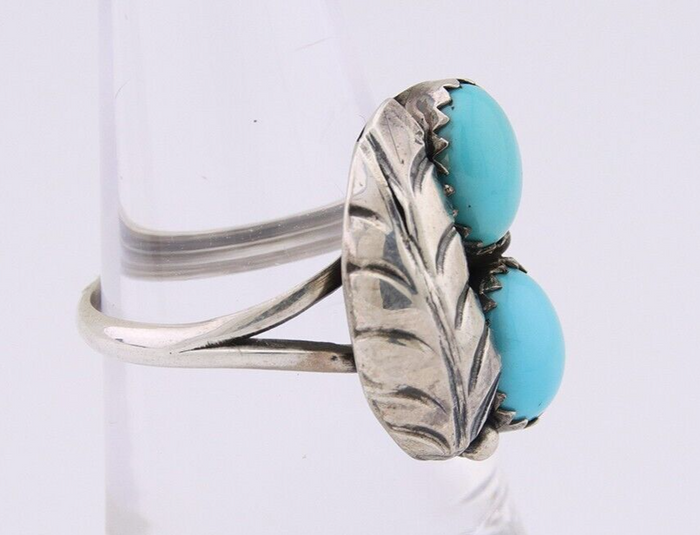 Navajo Handmade Ring 925 Silver Natural Turquoise Signed SS C.80's
