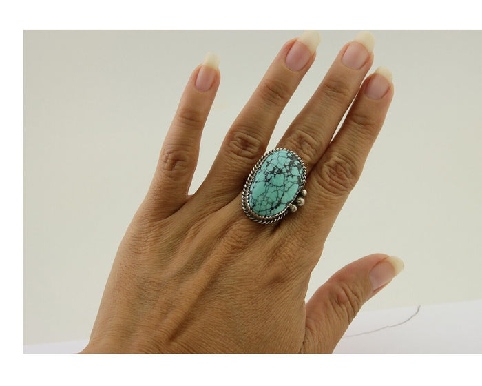 Navajo Handmade Ring 925 Silver Spiderweb Turquoise Native Artist C.80's