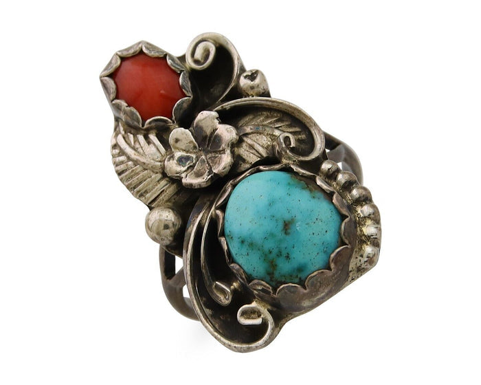 Navajo Handmade Ring 925 Silver Turquoise & Coral Artist Signed Dan Whitegoat 80