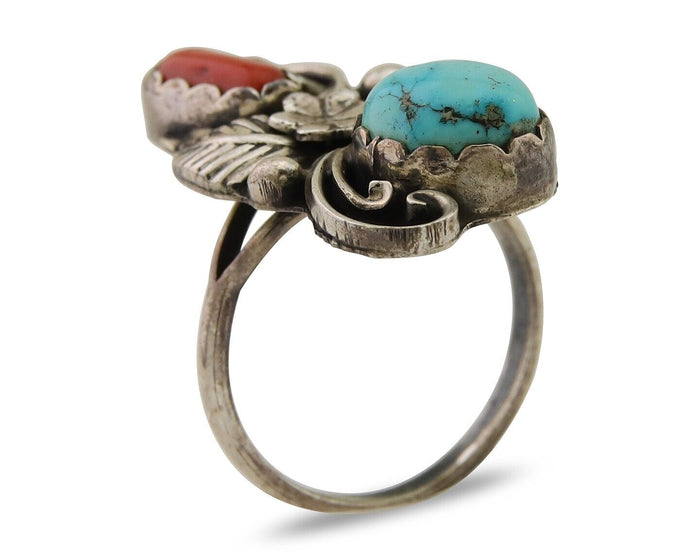 Navajo Handmade Ring 925 Silver Turquoise & Coral Artist Signed Dan Whitegoat 80