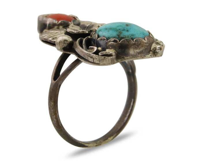 Navajo Handmade Ring 925 Silver Turquoise & Coral Artist Signed Dan Whitegoat 80