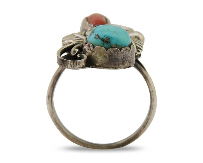 Navajo Handmade Ring 925 Silver Turquoise & Coral Artist Signed Dan Whitegoat 80