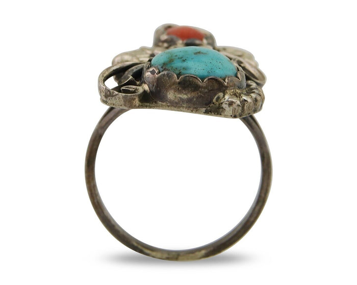 Navajo Handmade Ring 925 Silver Turquoise & Coral Artist Signed Dan Whitegoat 80