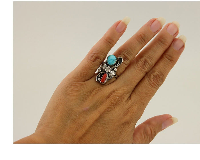 Navajo Handmade Ring 925 Silver Turquoise & Coral Artist Signed Dan Whitegoat 80