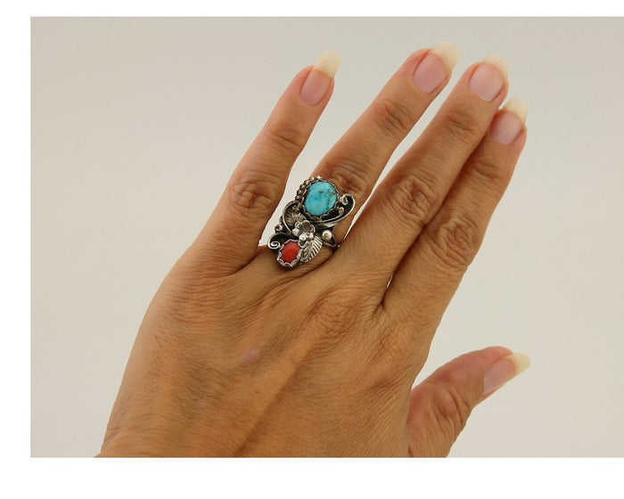 Navajo Handmade Ring 925 Silver Turquoise & Coral Artist Signed Dan Whitegoat 80