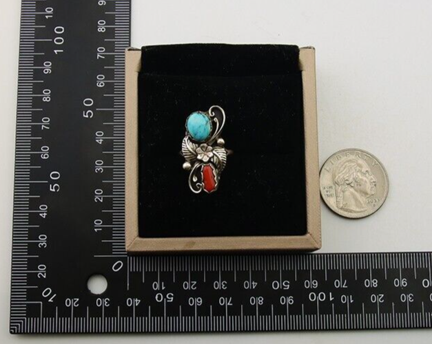 Navajo Handmade Ring 925 Silver Turquoise & Coral Artist Signed Dan Whitegoat 80