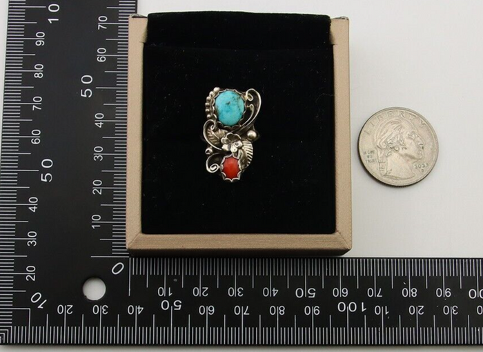 Navajo Handmade Ring 925 Silver Turquoise & Coral Artist Signed Dan Whitegoat 80