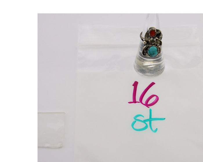 Navajo Handmade Ring 925 Silver Turquoise & Coral Artist Signed Dan Whitegoat 80